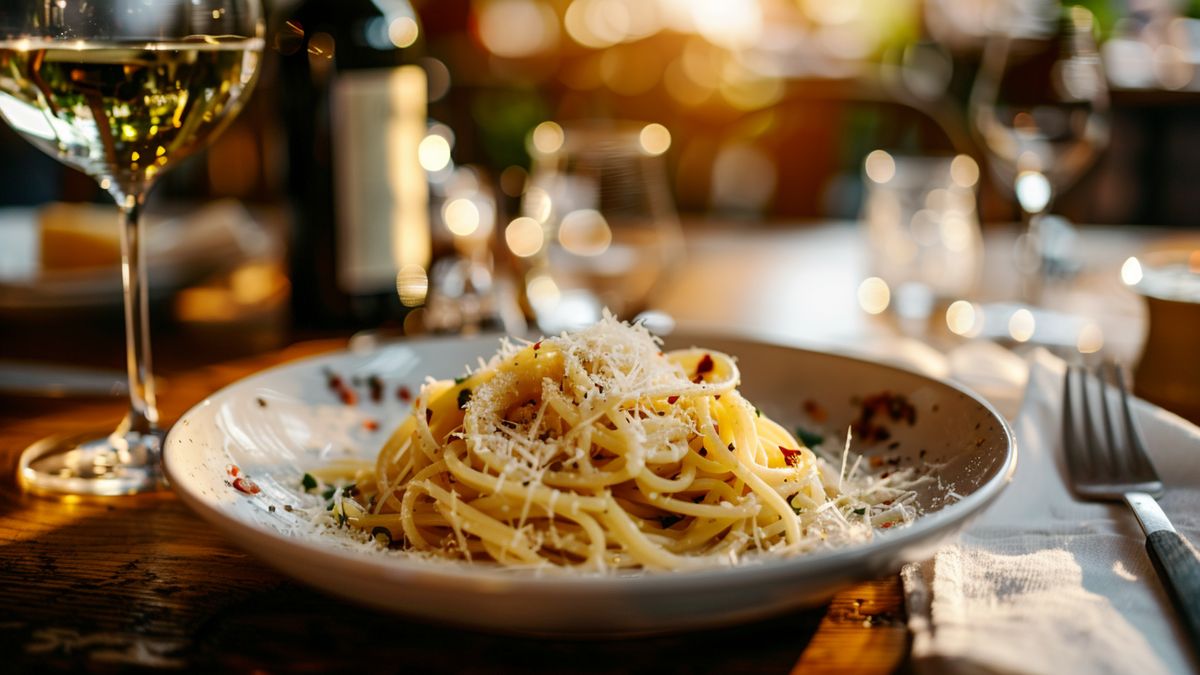 A plate of pasta with an excessive amount of parmesan cheese sprinkled on top