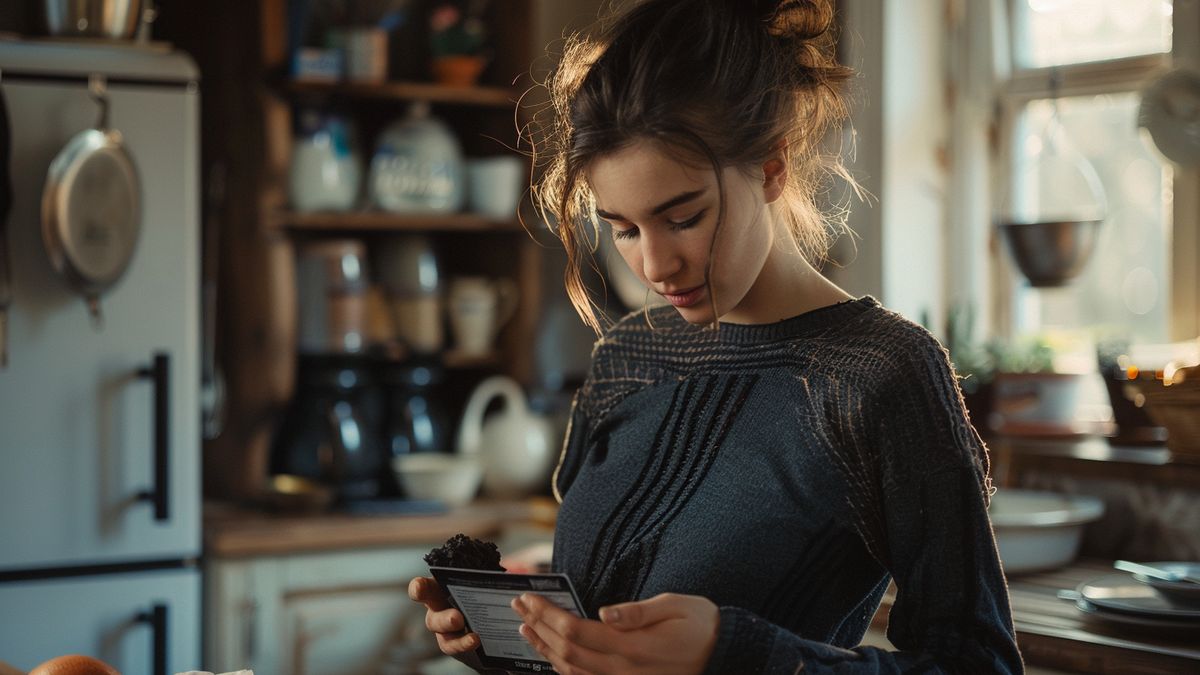 Woman reading label on black pudding package, checking for harmful ingredients