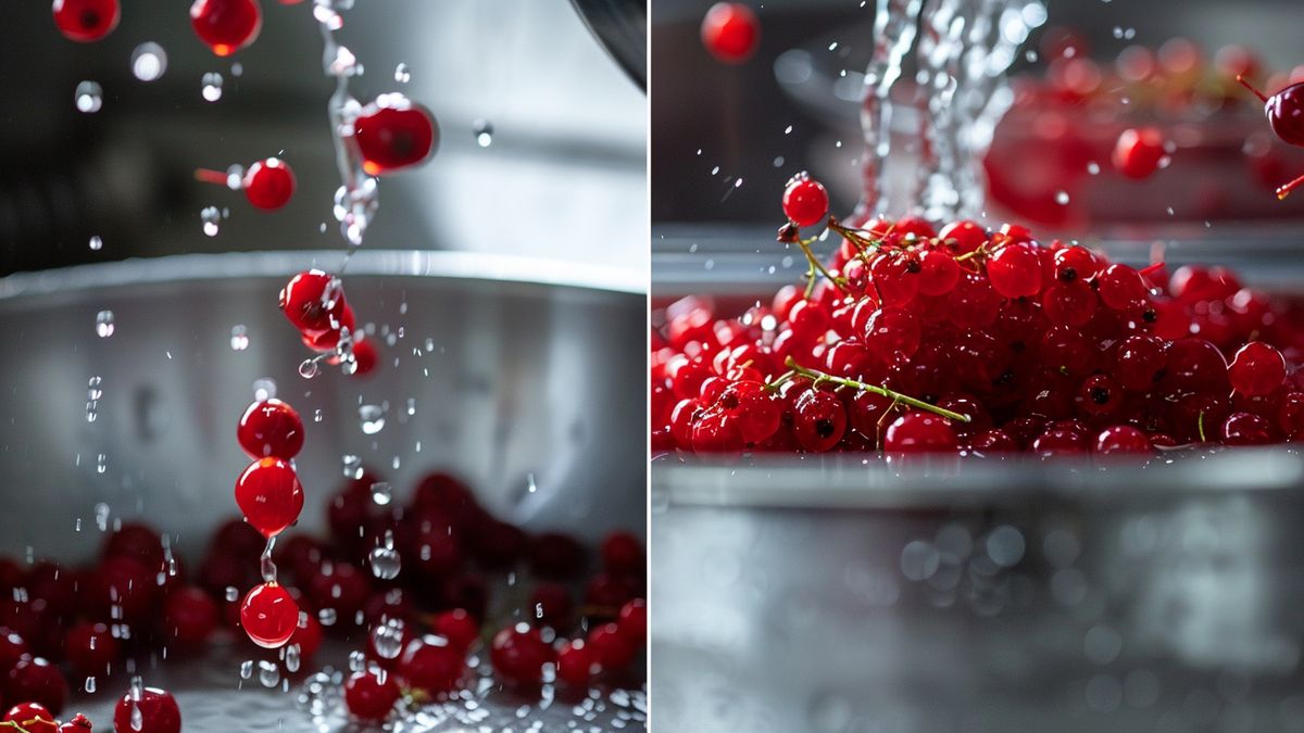 Vibrant images of red berries being washed and prepared for garnish