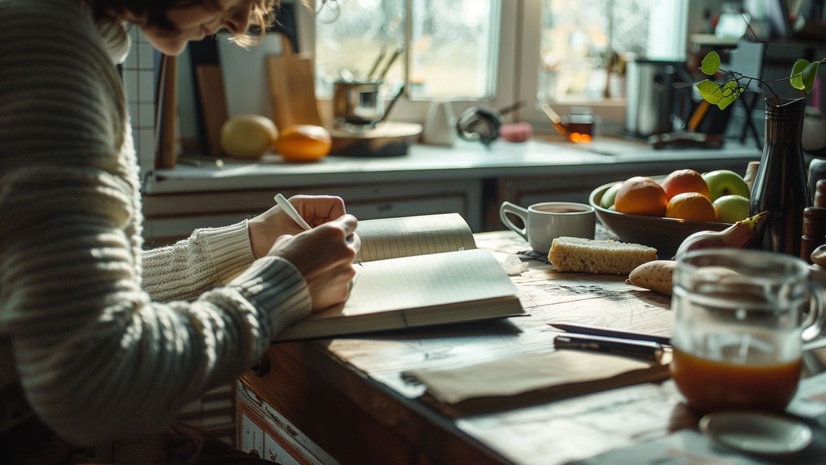 Person tracking daily food intake and progress in a journal for accountability