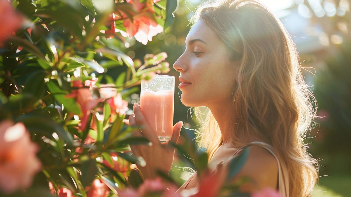 Woman enjoying a date smoothie in a sunny garden