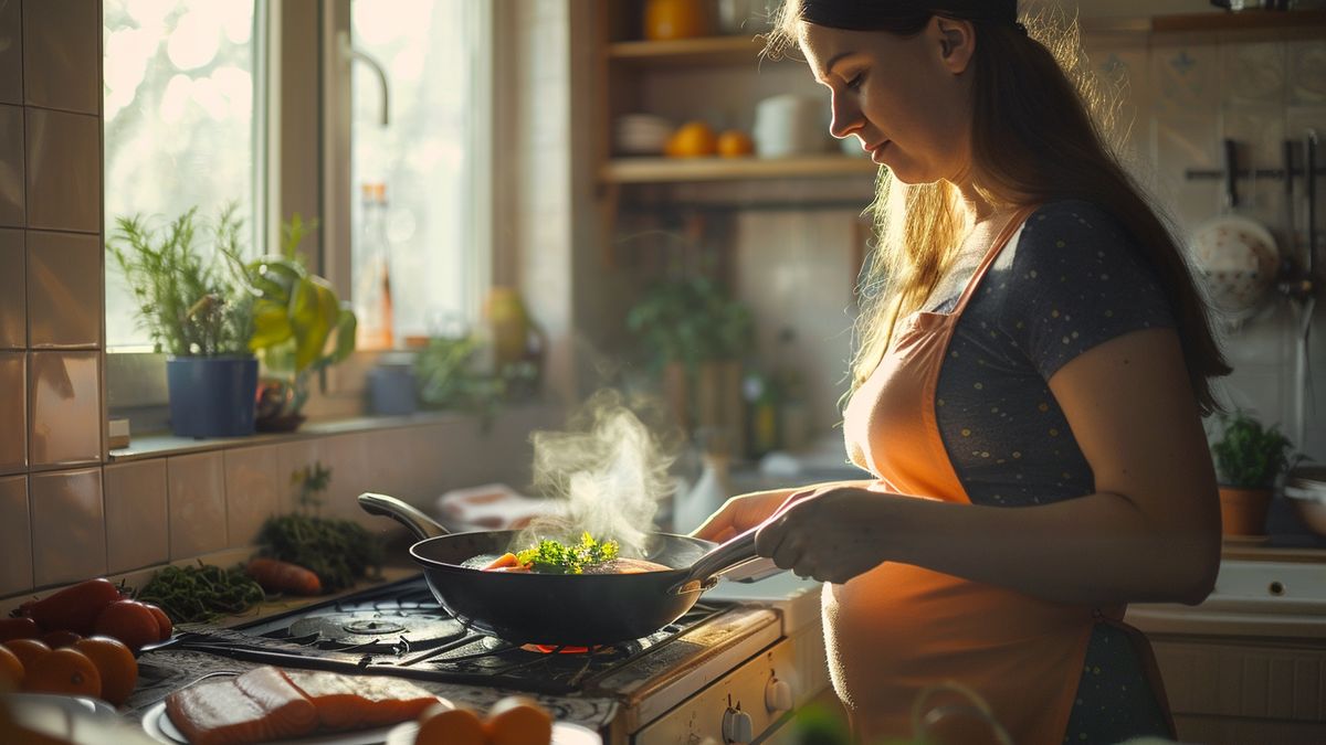 Pregnant woman cooking salmon over C to prevent salmonellosis