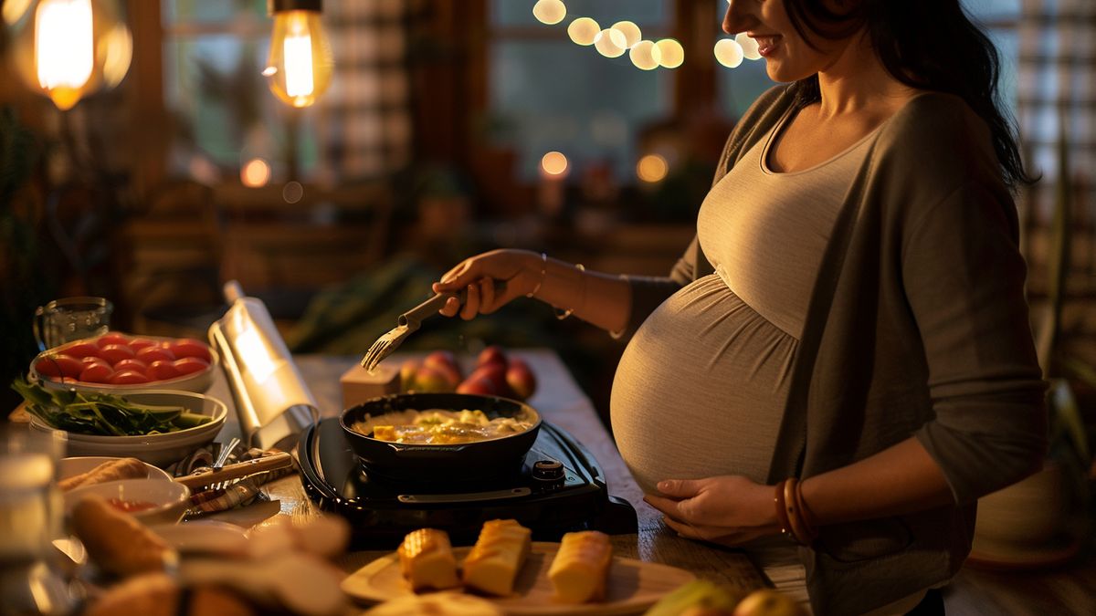 Pregnant woman enjoying a safe and delicious raclette meal at home