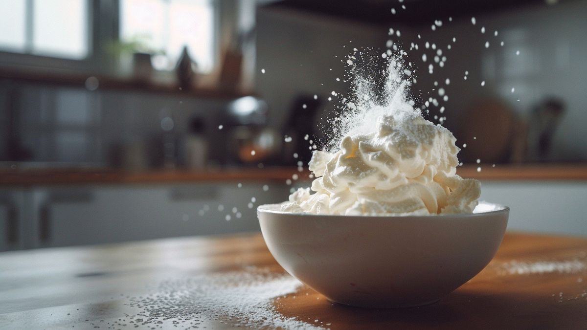 Freshly whipped cream with a sprinkle of sugar in a modern kitchen