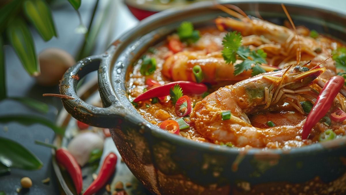 Colorful dish of shrimps cooked in coconut milk for expecting mothers