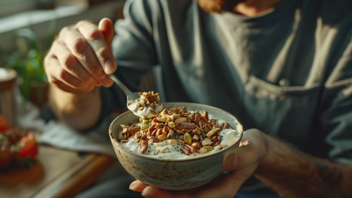 Man enjoying a bowl of yogurt topped with nuts and seeds