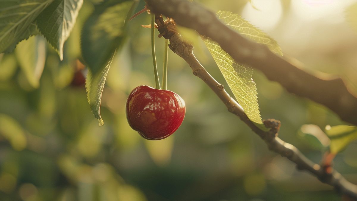 Cherry fruit tattoo, representing innocence and purity when still hanging on the tree.