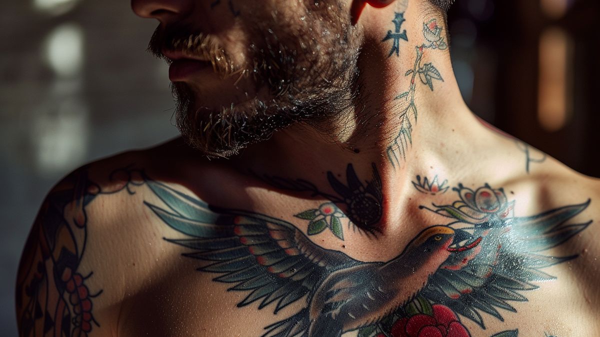 Large swallow tattoo on chest, signifying strength and resilience