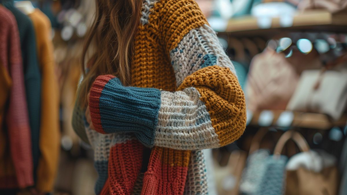 Person draping different colored sweaters over their arm in a cozy shop.