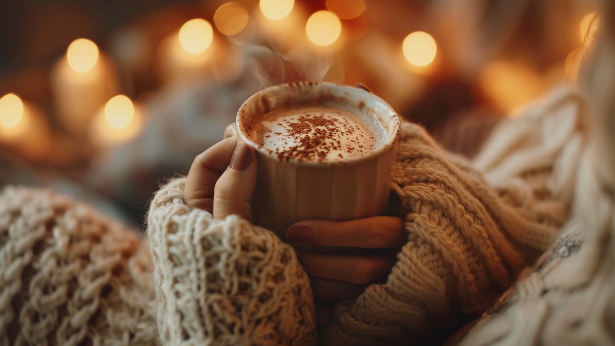 Closeup of hands holding a mug of hot chocolate in cozy surroundings.